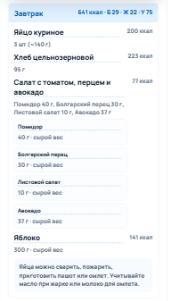 Пример завтрака с продуктами, граммовками, калориями и КБЖУ