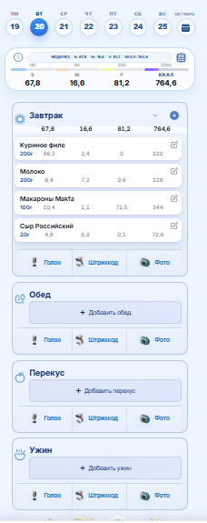 Дневник питания FitPush: приёмы пищи, КБЖУ, фото и голос